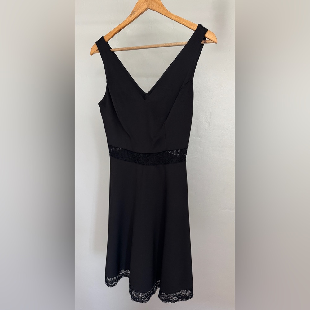 Guess Black V-Neck Midi Dress with Lace Trim (Size 6)